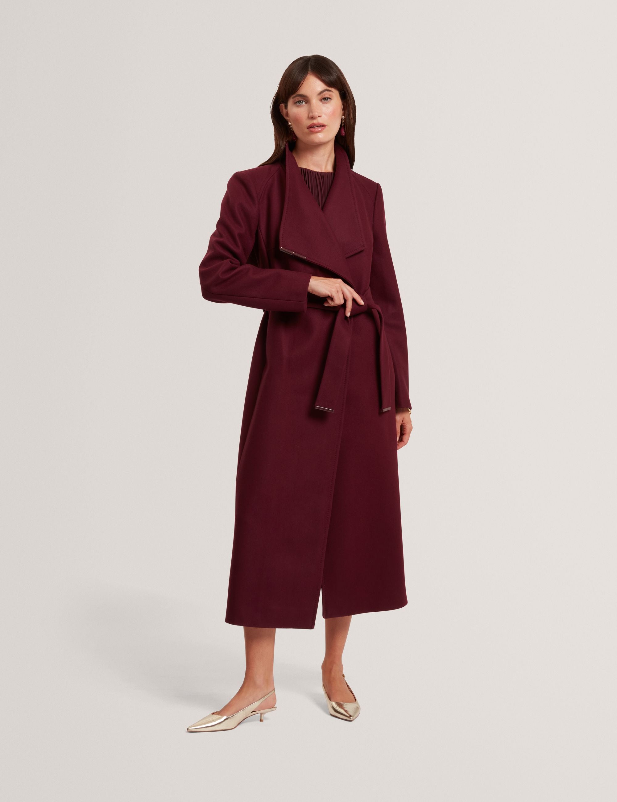 TED BAKER ウール ラップ コート スタンドカラー ロング ベルト TED BAKER Midi/Rose Wool Long Wrap Tie Belted Coat, Camel Color